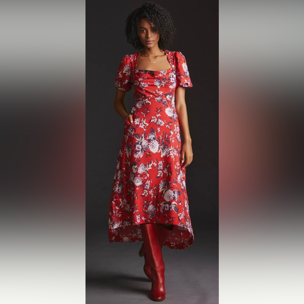 Anthropologie Maeve Scarlet Floral Square-Neck Maxi Dress